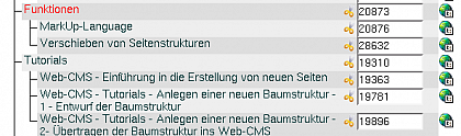 
Wir sehen, das aus irgendeinem Grund die Seite "Verschieben von Seitenstrukturen" unterhalb der Seiten (besondere) "Funktionen" abgelegt wurde. Durch einen Klick auf die Schere markieren Sie die Seite (in diesem Fall "Verschieben von Seitenstrukturen") fr das verschieben.