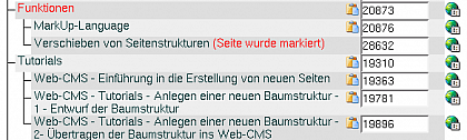 Wie Sie sehen ist die Seite jetzt markiert, ebenso haben sich die Buttons verndert. Diese markieren jetzt alle potentielle Zielen, zu denen die markierte Seite verschoben werden kann. 
\fett{Bitte whlen Sie die Seite als Ziel \farbig{unter} der Sie die markierte Seite einfgen wollen!} Wir whlen die Seite "Tutorials" und klicken danach auf den Einfgen-Button.