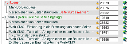 
Wie jetzt leicht zu sehen ist, wurde die Seite "Verschieben von Seitenstrukturen" unter die Seite "Tutorials" verschoben. Die Meldung in grn weist uns noch einmal darauf hin.