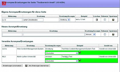 Oberflche zur Bearbeitung von Acronymen und Ersetzungen